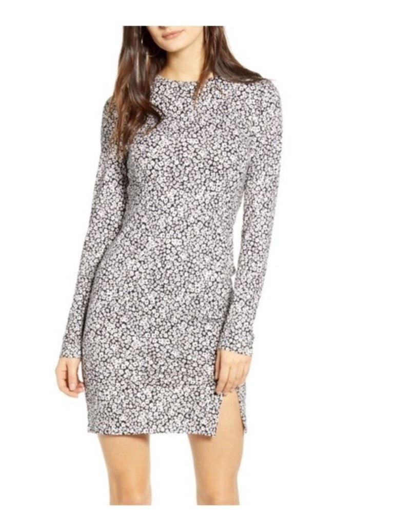 Leith Bodycon Long Sleeve Dress Women Floral Blackwhite Strech Pullover Size S